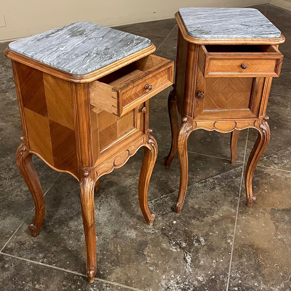 Pair Antique French Louis XV Walnut Marble Top Nightstands For Sale 1