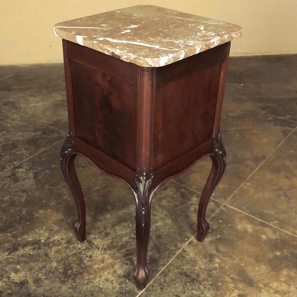 Brass Pair Antique French Louis XV Walnut Marble Top Nightstands For Sale