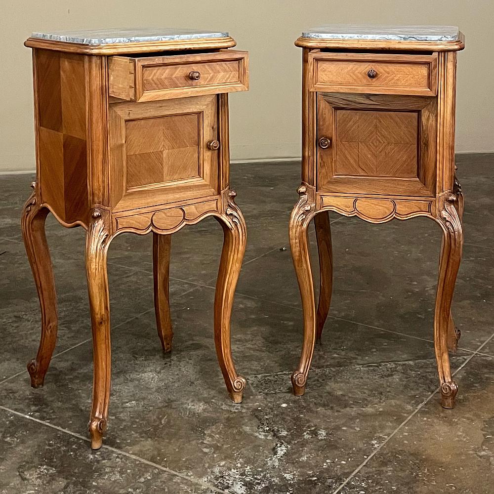 Pair Antique French Louis XV Walnut Marble Top Nightstands For Sale 2