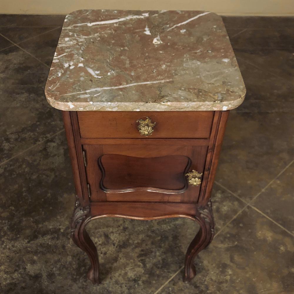 Pair Antique French Louis XV Walnut Marble Top Nightstands For Sale 1