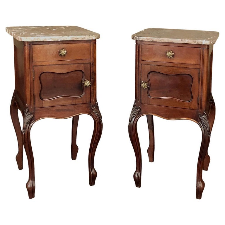 Pair Antique French Louis XV Walnut Marble Top Nightstands For Sale at