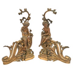 Pair Antique French Louis XV / XVI Style Gilt Bronze Chenets