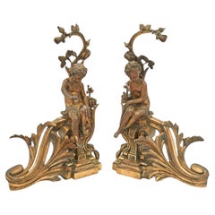 Par de Chenets Antiguos Franceses Estilo Luis XV / XVI de Bronce Dorado