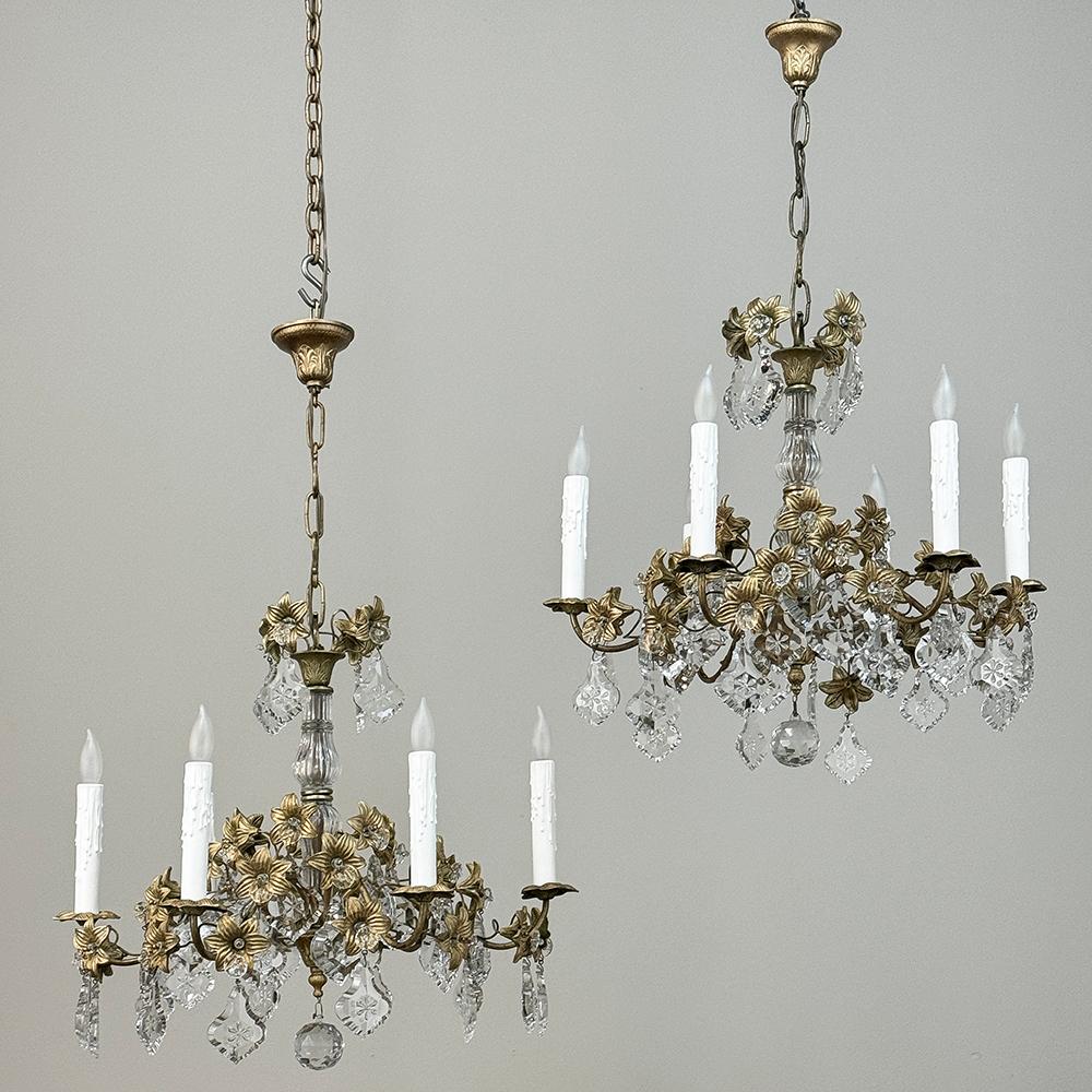 Hand-Crafted Pair Antique French Louis XVI Bronze & Crystal Chandeliers For Sale