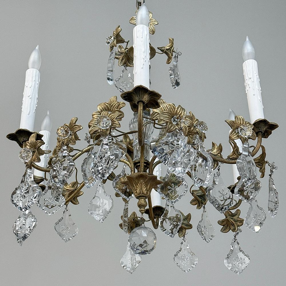20th Century Pair Antique French Louis XVI Bronze & Crystal Chandeliers For Sale