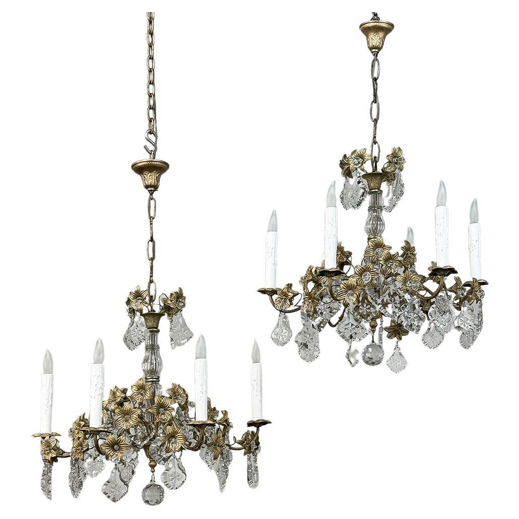 Pair Antique French Louis XVI Bronze & Crystal Chandeliers For Sale