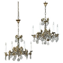 Pair Antique French Louis XVI Bronze & Crystal Chandeliers