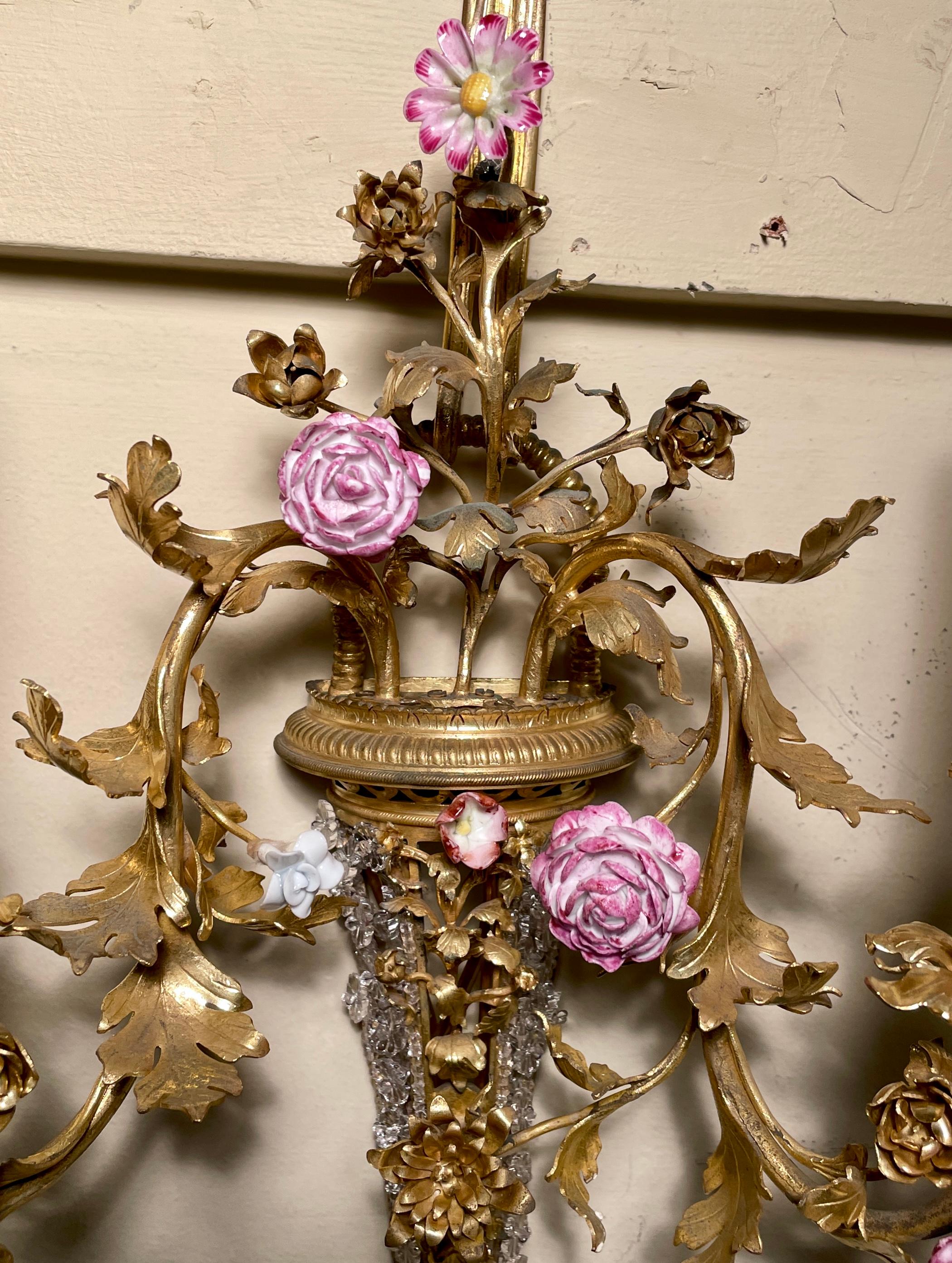 Pair Antique French Louis XVI Bronze D' Ore & Dresden Porcelain Flower Sconces 1