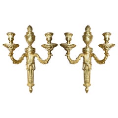 Paire d'appliques françaises anciennes Louis XVI en bronze en forme de « D », vers 1890