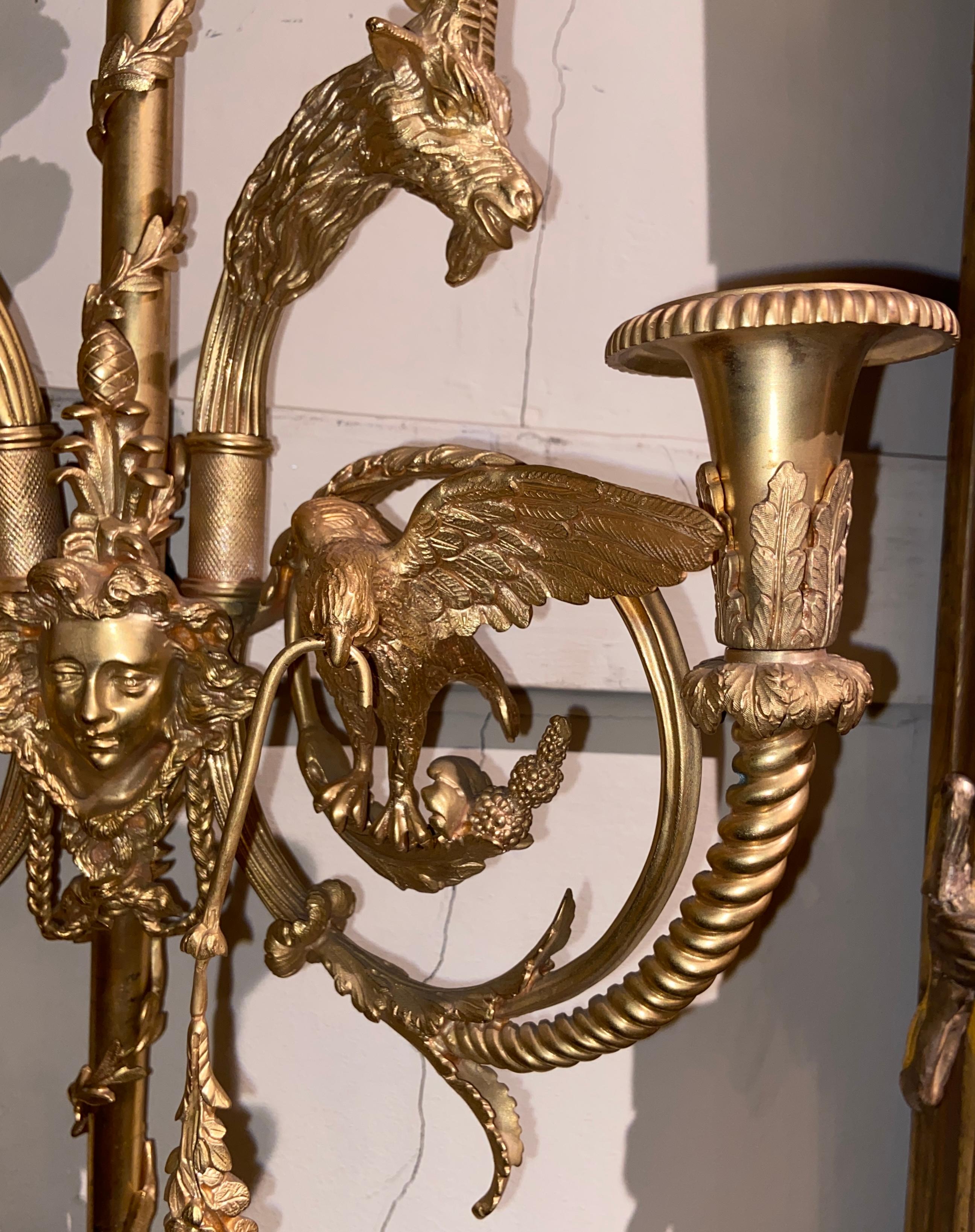Pair Antique French Louis XVI Bronze D' Ore Two-Light Wall Sconces, Circa 1880 For Sale 3