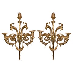 Pair Antique French Louis XVI Bronze D' Ore Two-Light Wall Sconces, Circa 1880