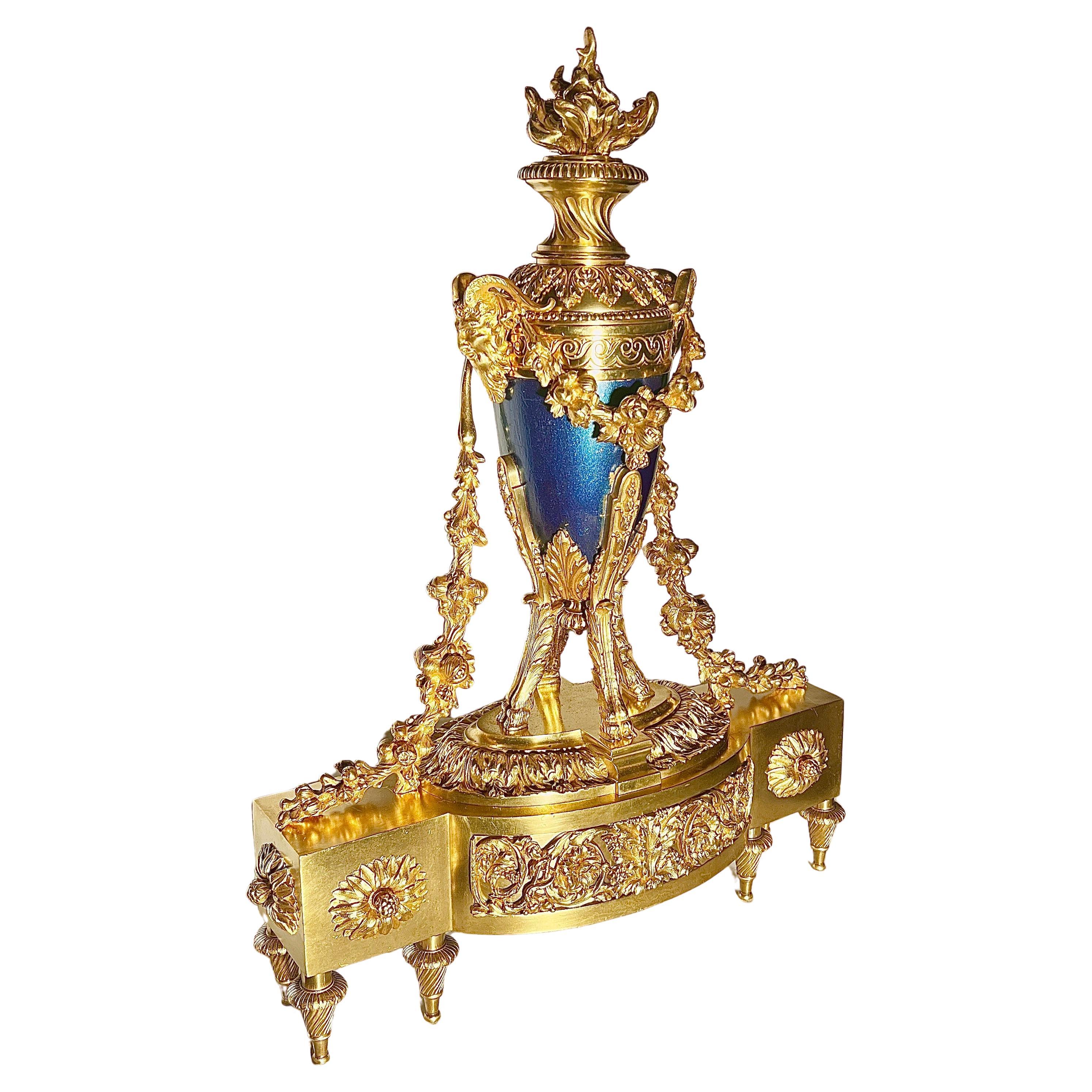 Pair Antique French Louis XVI Bronze D'oré and Cobalt Chenets, Circa 1880-1890. For Sale 1