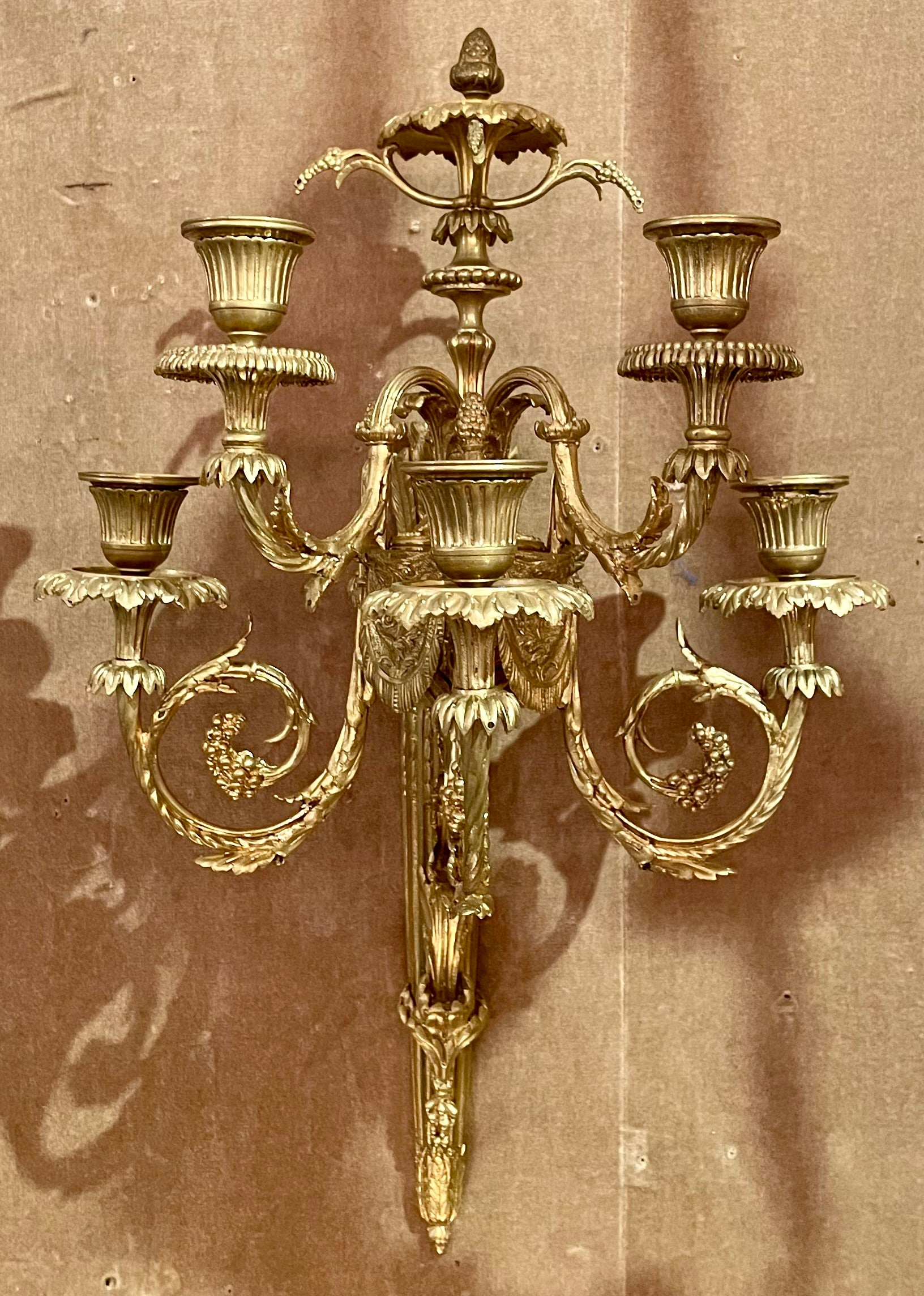 Pair antique French Louis XVI bronze d'ore wall sconces, circa 1880.
