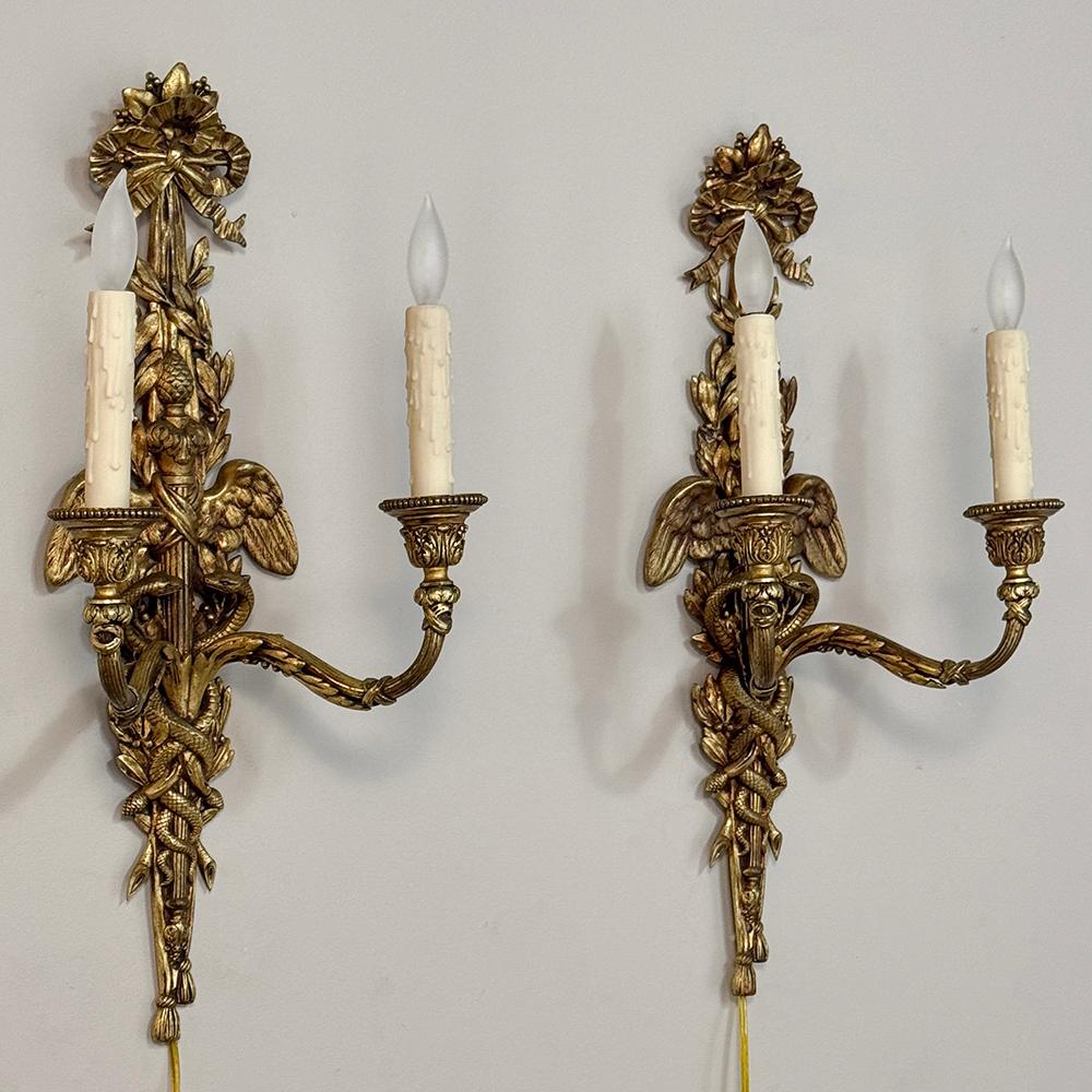 Hand-Crafted Pair Antique French Louis XVI Bronze Wall Sconces For Sale