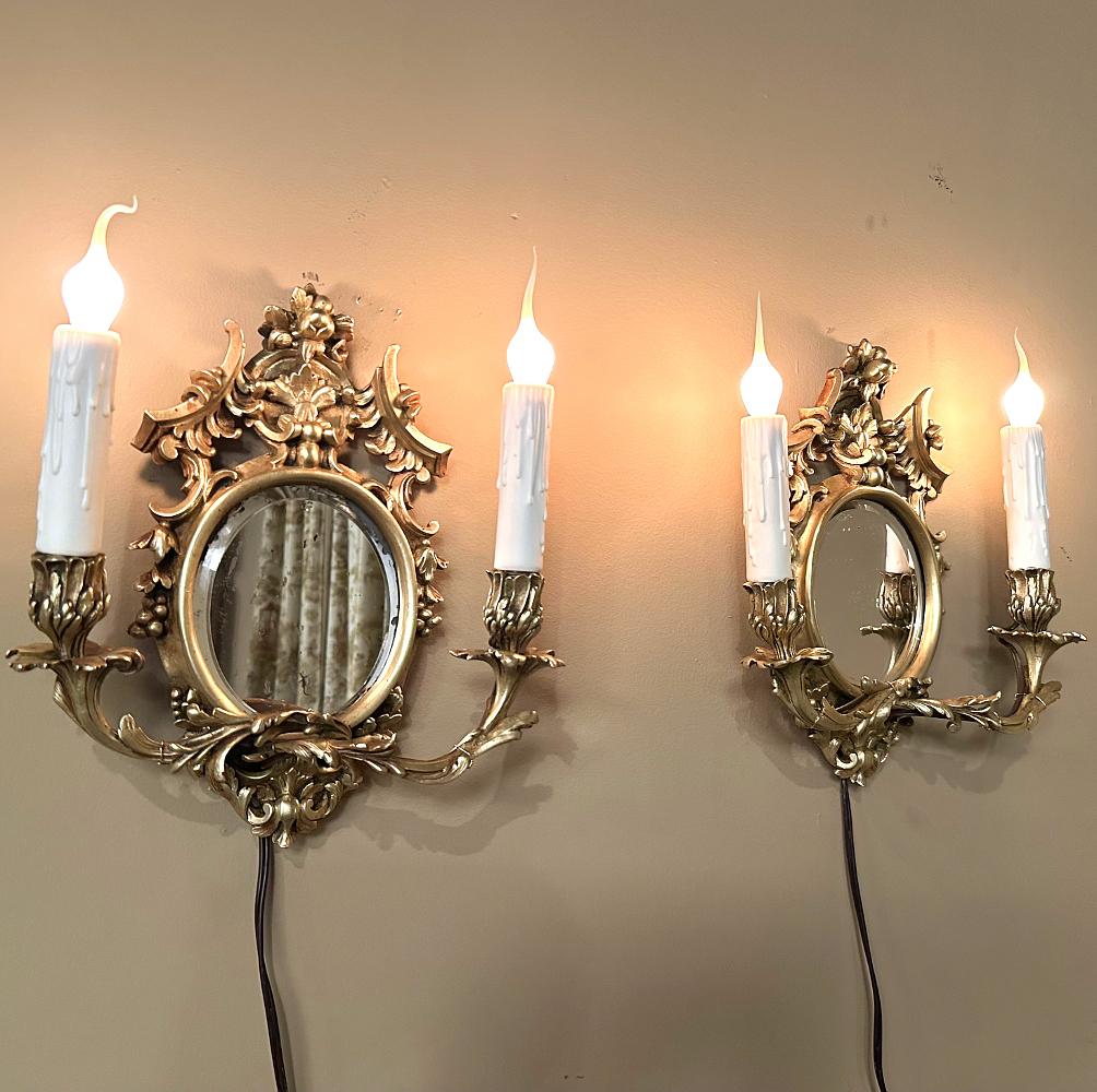 Beveled Pair Antique French Louis XVI Bronze Wall Sconces For Sale