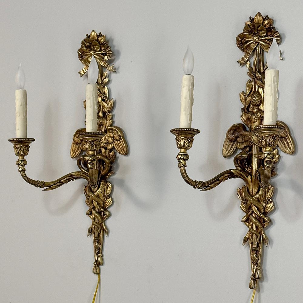 Pair Antique French Louis XVI Bronze Wall Sconces In Good Condition For Sale In Dallas, TX