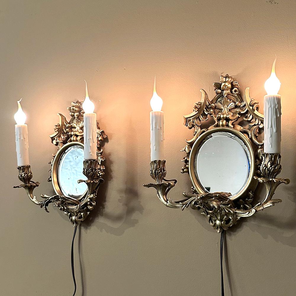 Pair Antique French Louis XVI Bronze Wall Sconces In Good Condition For Sale In Dallas, TX