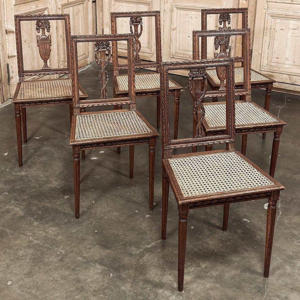 Pair Antique French Louis XVI Caned Side Chairs are perfect choices for any room, especially Southern climates where the caned seats really show their advantage of keeping cool.  Frameworks are entirely constructed from solid oak, and feature a