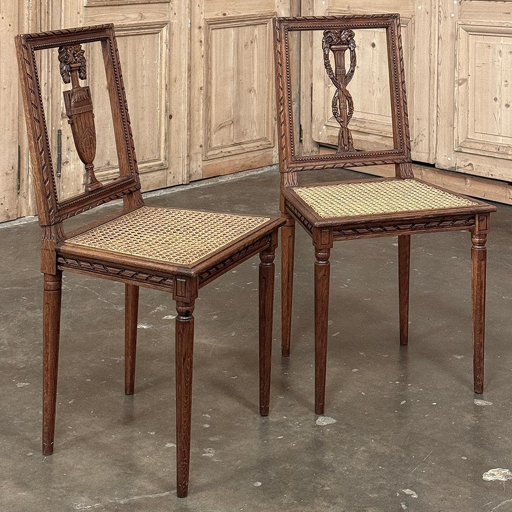 Hand-Carved Pair Antique French Louis XVI Caned Side Chairs For Sale