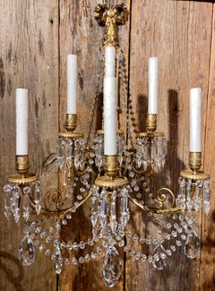 Pair Antique French Louis XVI Cut Crystal and Ormolu Sconces, Circa 1885