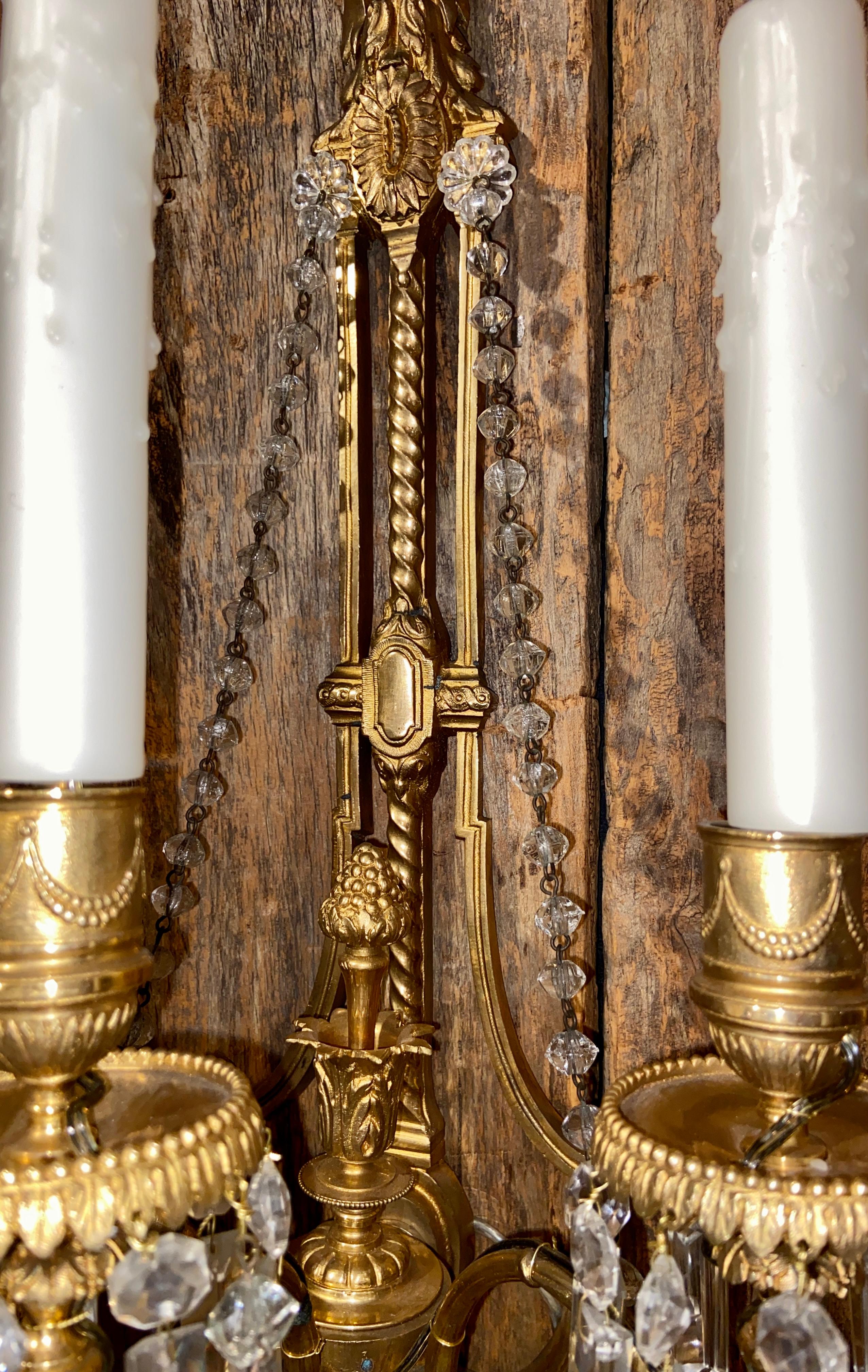 19th Century Pair Antique French Louis XVI Cut Crystal and Ormolu Sconces, Circa 1885 For Sale