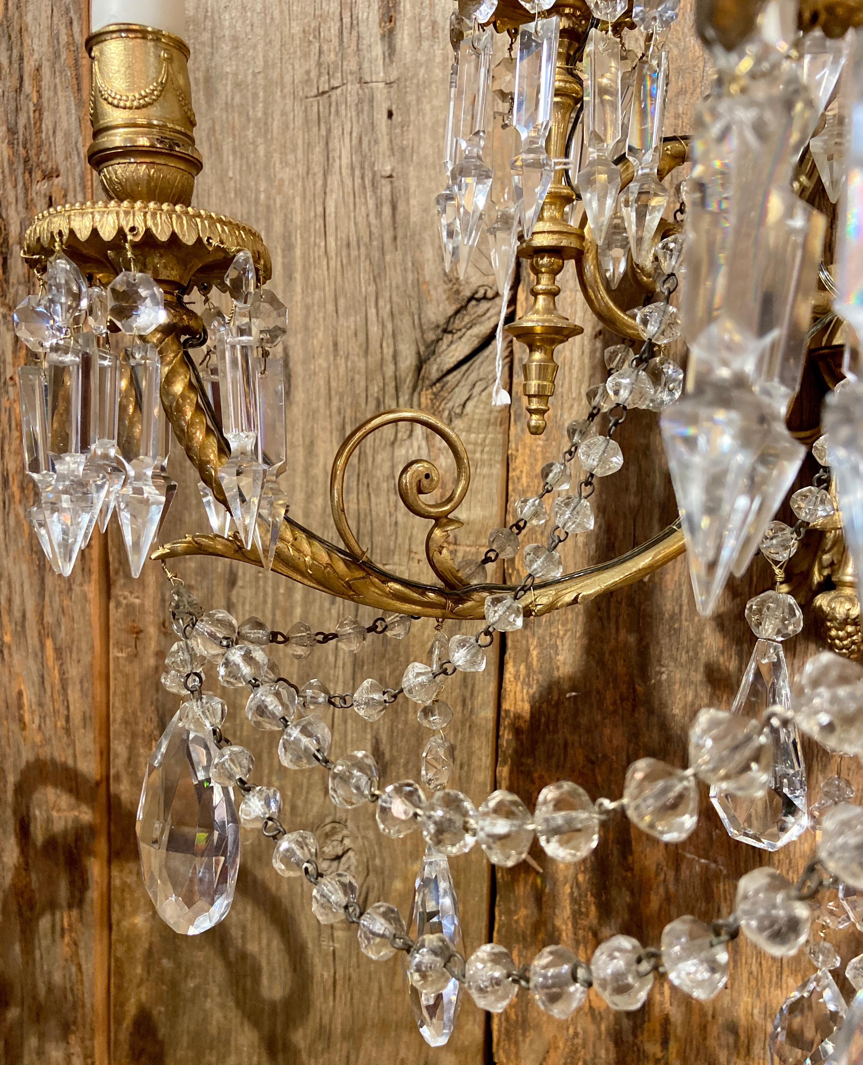 Pair Antique French Louis XVI Cut Crystal and Ormolu Sconces, Circa 1885 For Sale 1