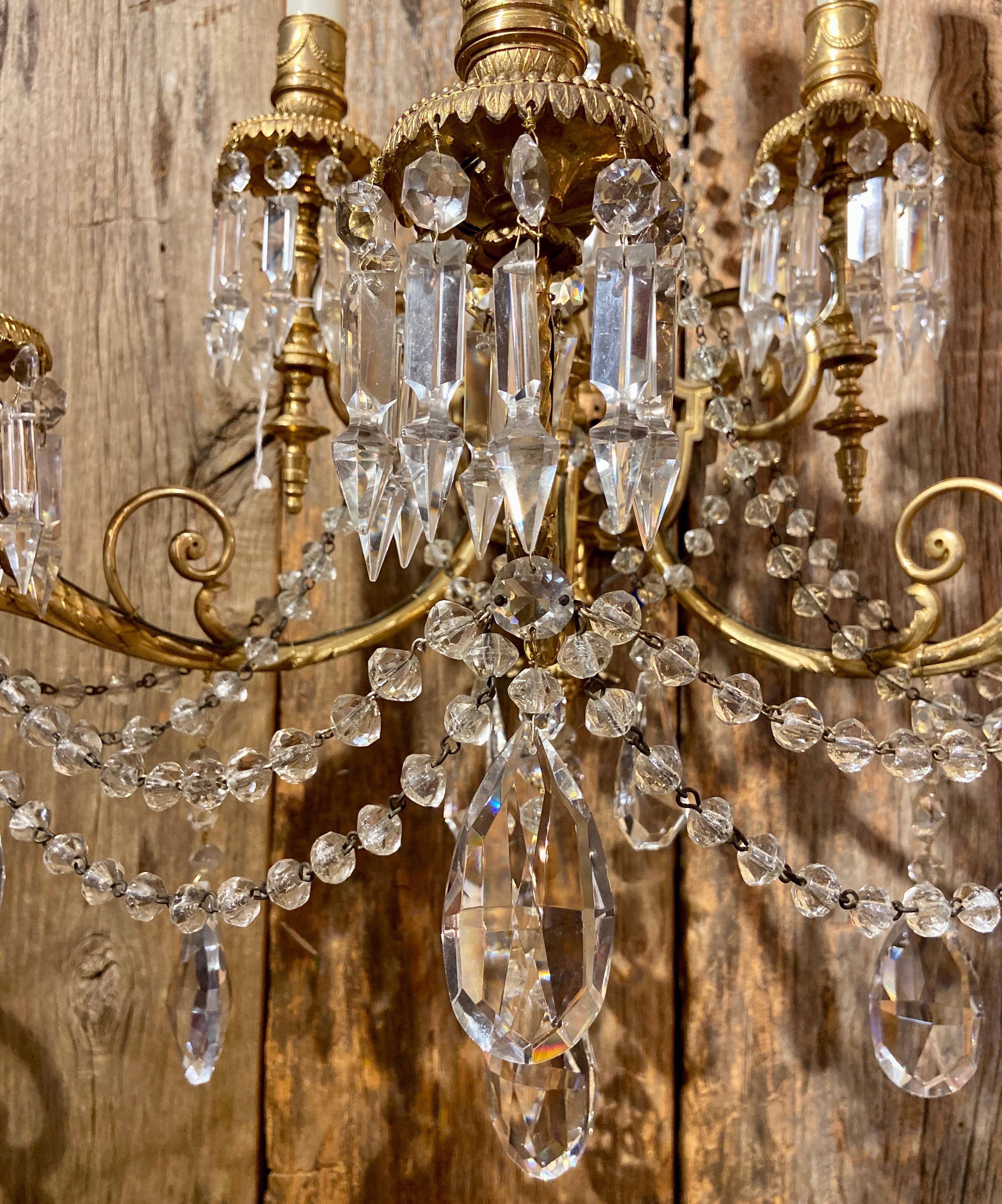 Pair Antique French Louis XVI Cut Crystal and Ormolu Sconces, Circa 1885 For Sale 2