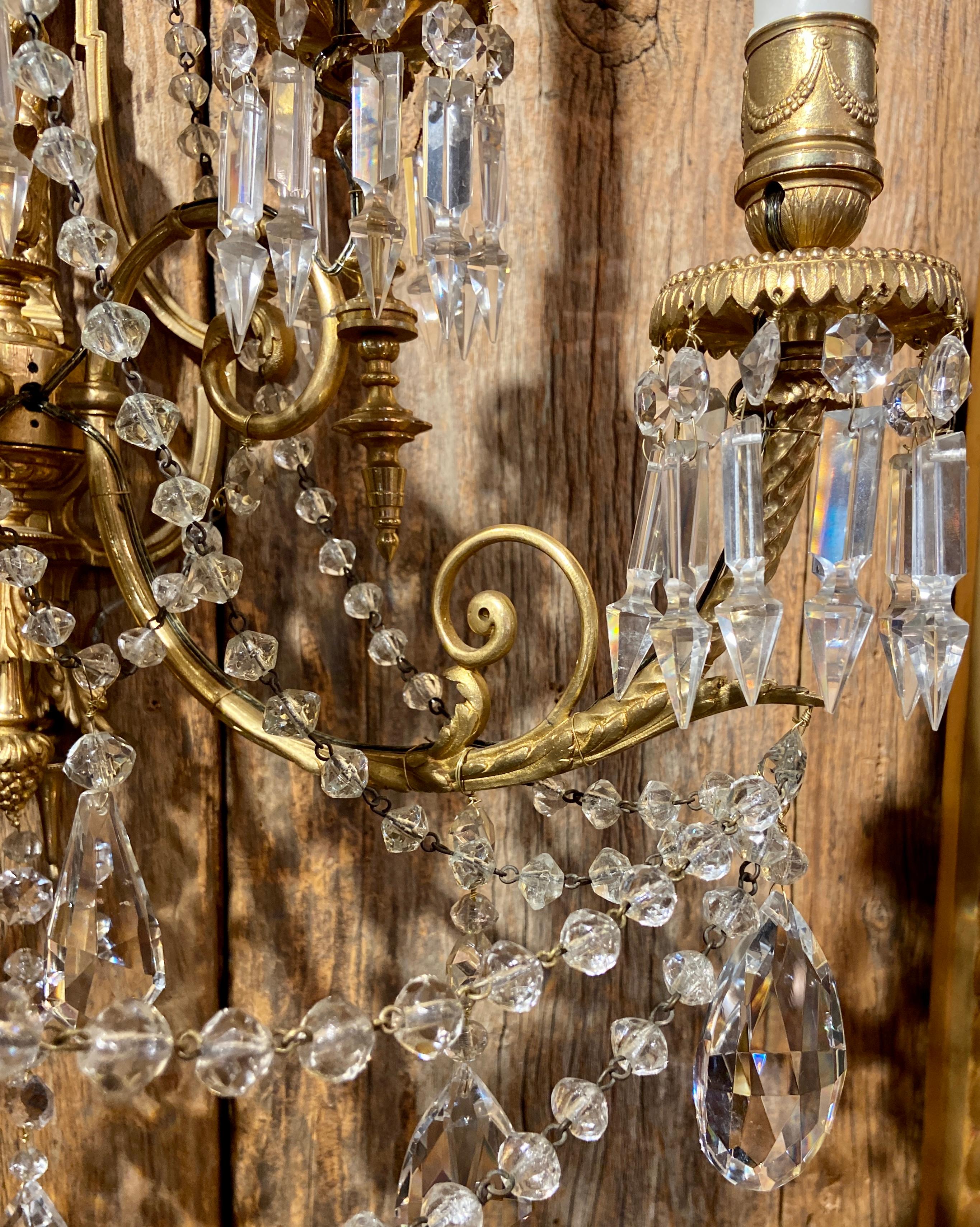 Pair Antique French Louis XVI Cut Crystal and Ormolu Sconces, Circa 1885 For Sale 3