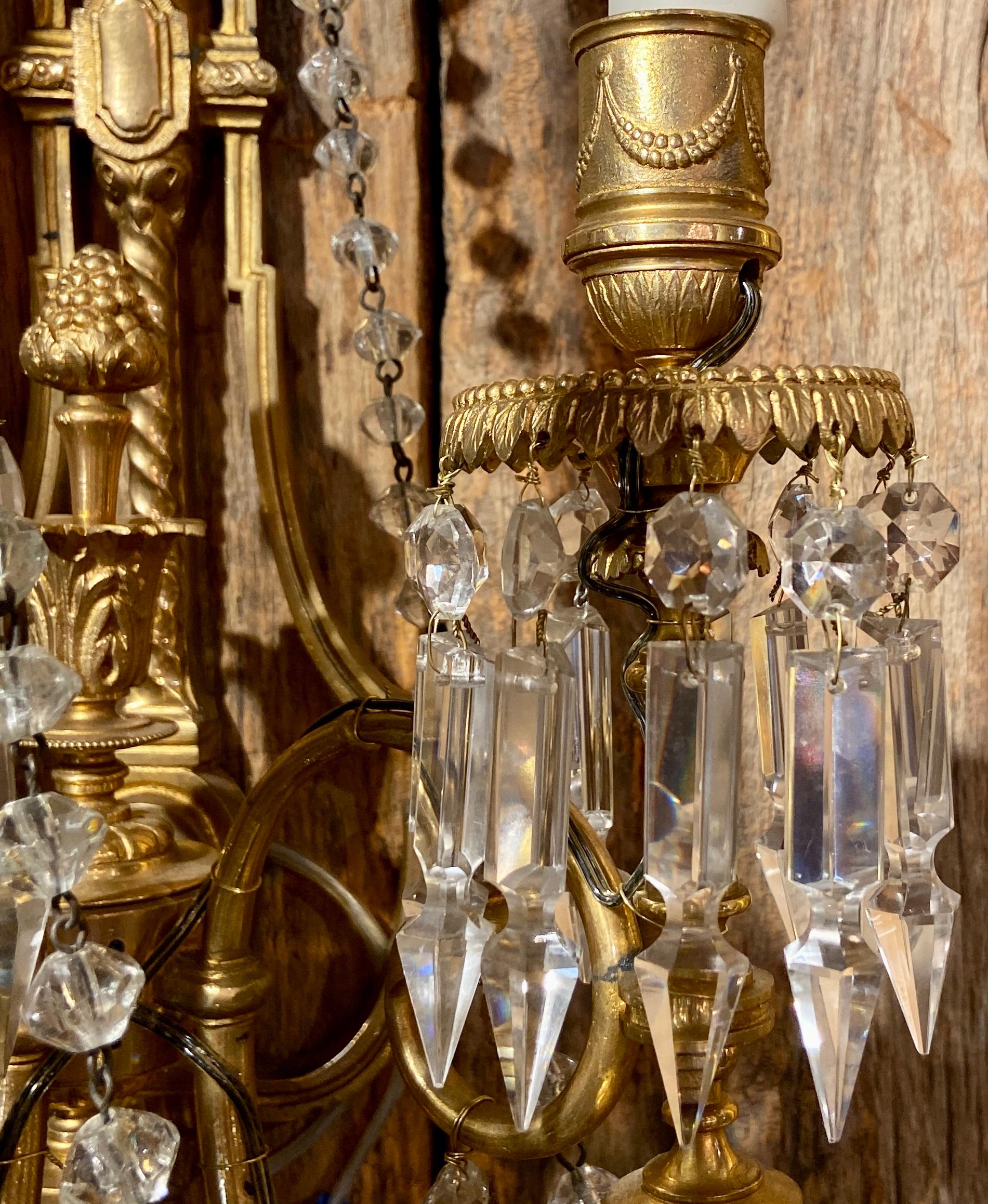 Pair Antique French Louis XVI Cut Crystal and Ormolu Sconces, Circa 1885 For Sale 4