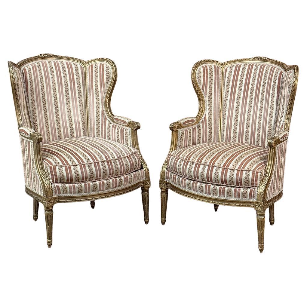 Coppia Antique French Louis XVI Giltwood Bergeres ~ Poltrone