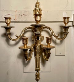 Pair Antique French Louis XVI Gold Bronze 5-Light Wall Sconces, Circa 1920