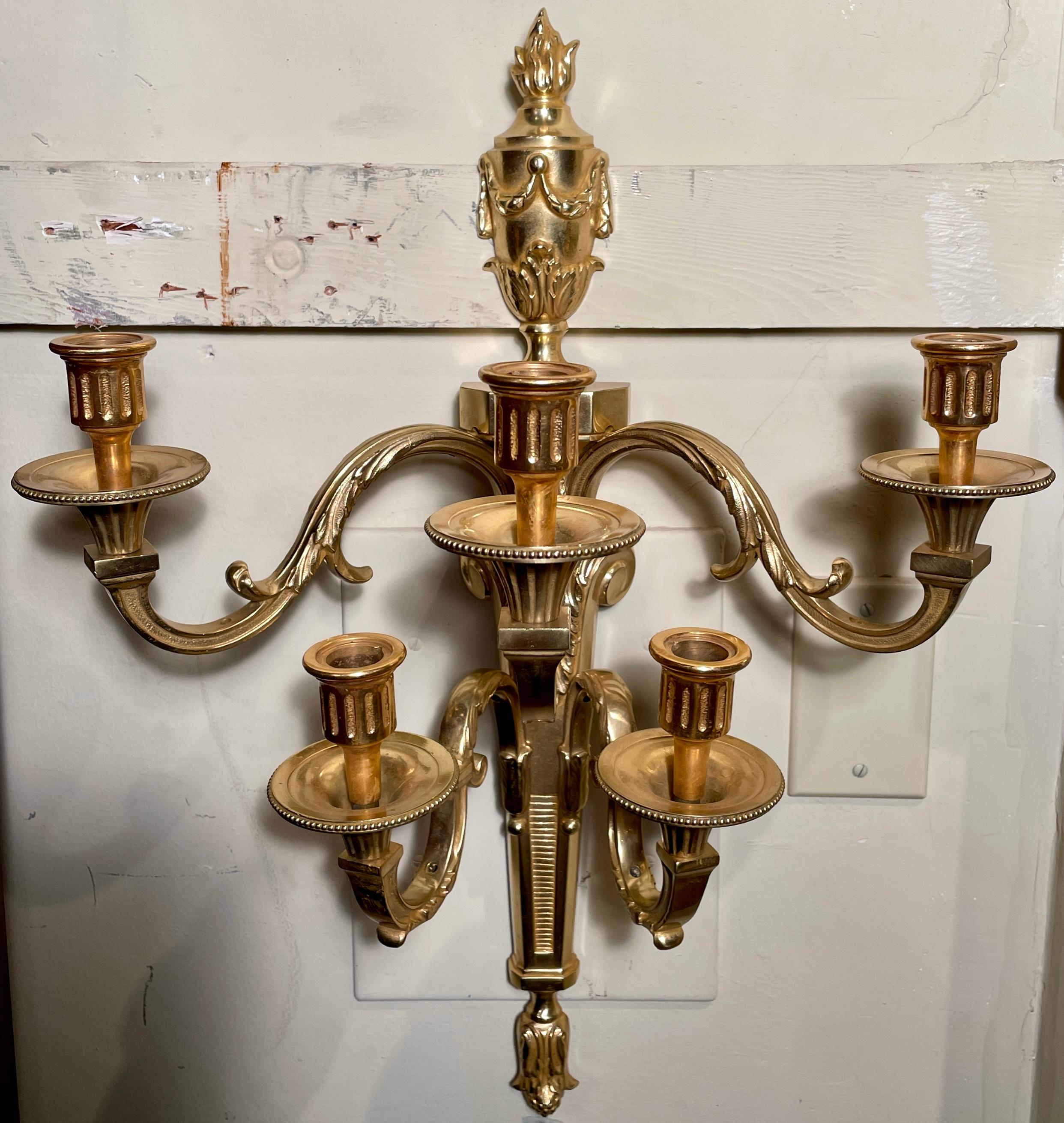 Pair Antique French Louis XVI Gold Bronze 5-Light Wall Sconces, Circa 1920 In Good Condition For Sale In New Orleans, LA