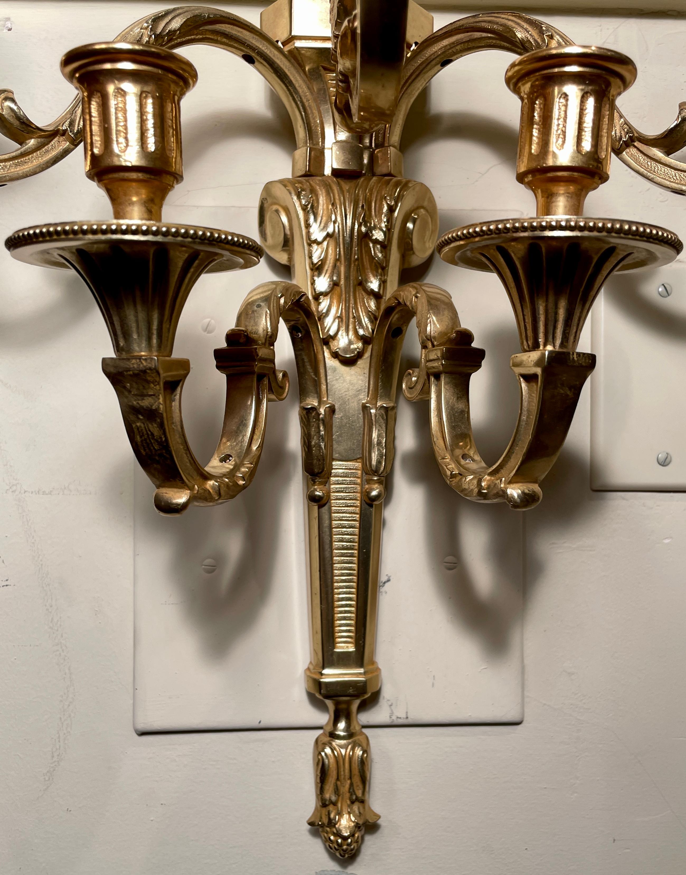 Pair Antique French Louis XVI Gold Bronze 5-Light Wall Sconces, Circa 1920 For Sale 1