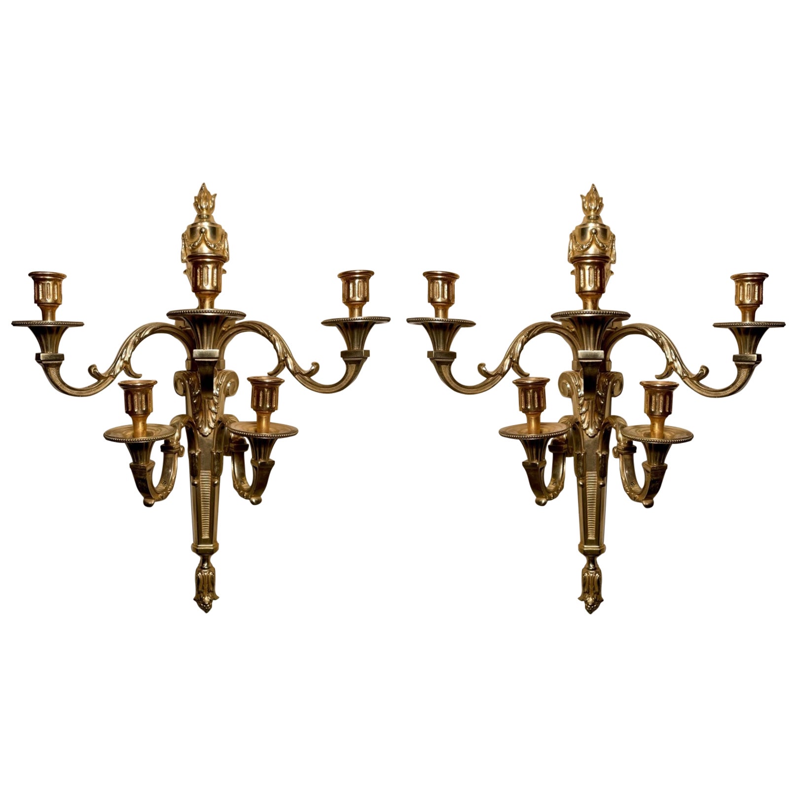 Pair Antique French Louis XVI Gold Bronze 5-Light Wall Sconces, Circa 1920