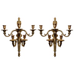 Pair Antique French Louis XVI Gold Bronze 5-Light Wall Sconces, Circa 1920
