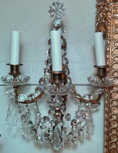 Pair Antique French Louis XVI Gold Bronze and Crystal Wall Sconces, Circa 1890