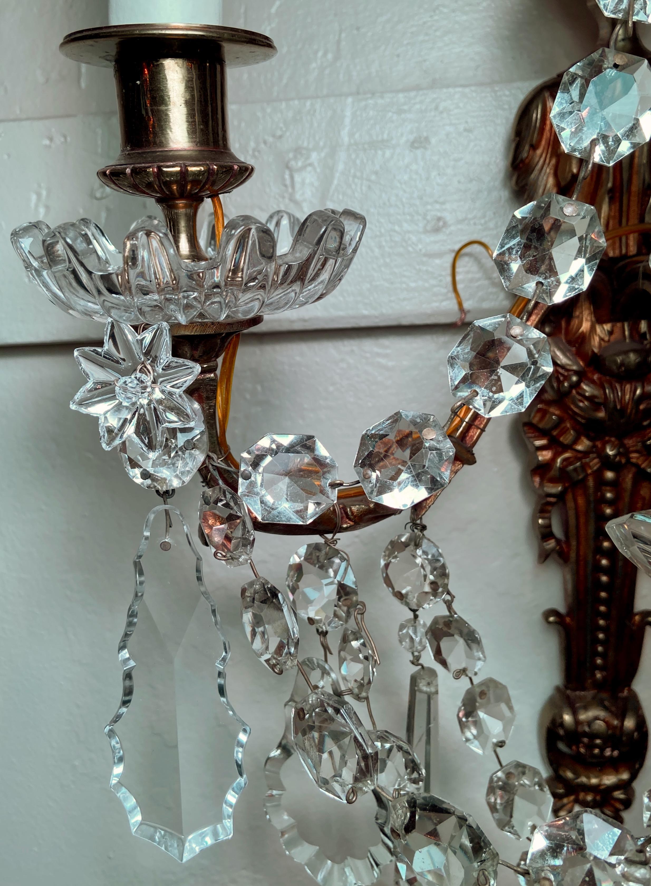 19th Century Pair Antique French Louis XVI Gold Bronze and Crystal Wall Sconces, Circa 1890 For Sale
