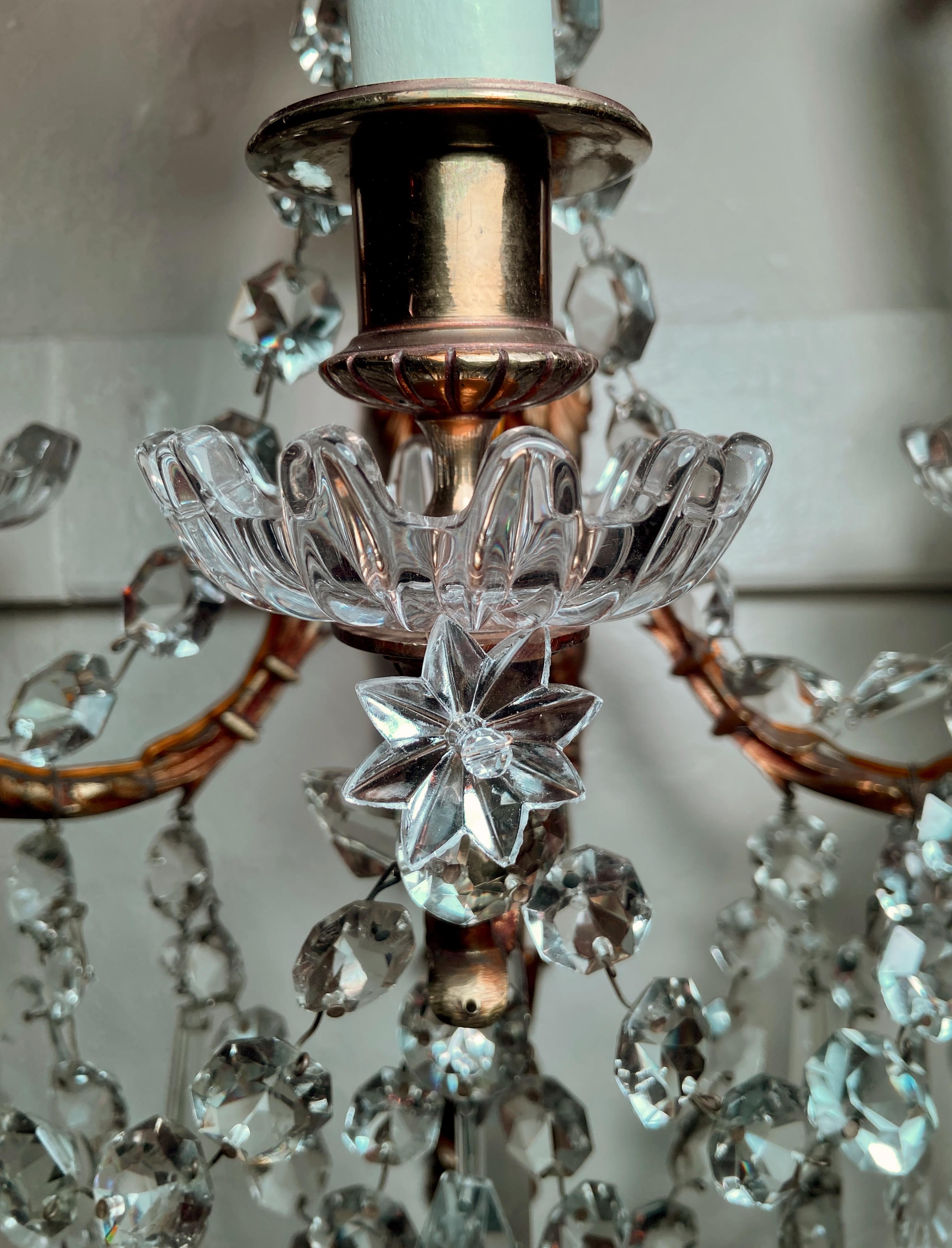Pair Antique French Louis XVI Gold Bronze and Crystal Wall Sconces, Circa 1890 For Sale 1