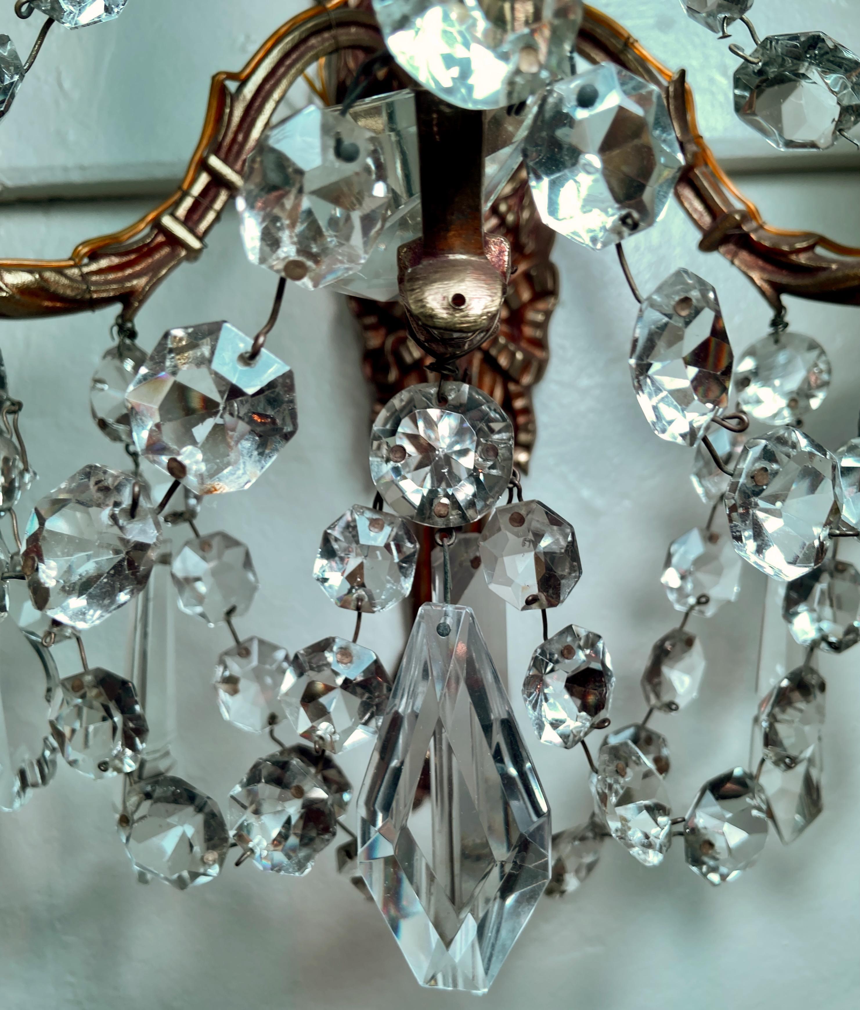 Pair Antique French Louis XVI Gold Bronze and Crystal Wall Sconces, Circa 1890 For Sale 2