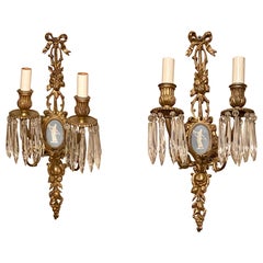 Antique French Louis XVI Gold Bronze and Wedgwood Sconces circa 1880-1890, Pair