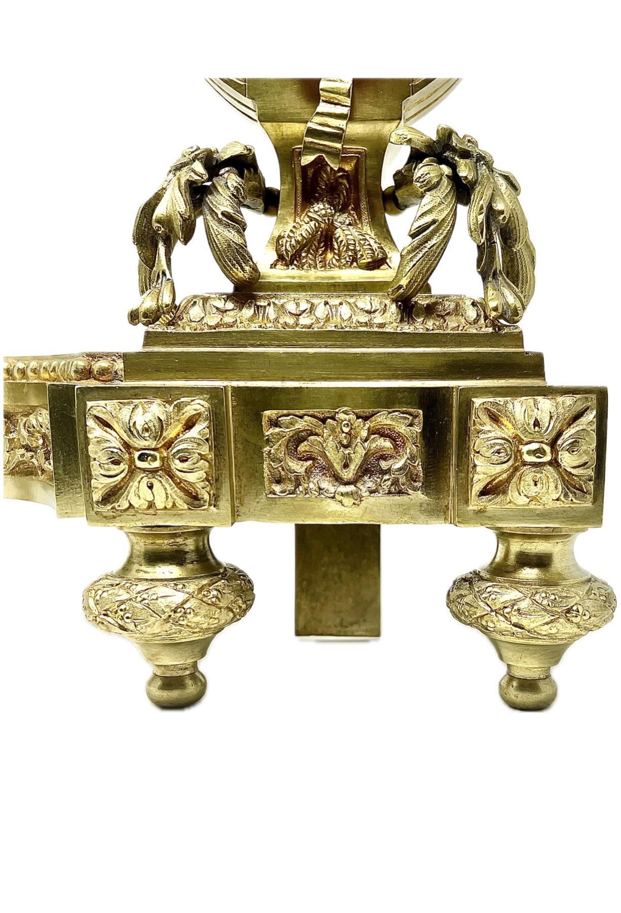 Pair Antique French Louis XVI Gold Bronze Andirons, Circa 1890's. For Sale 2