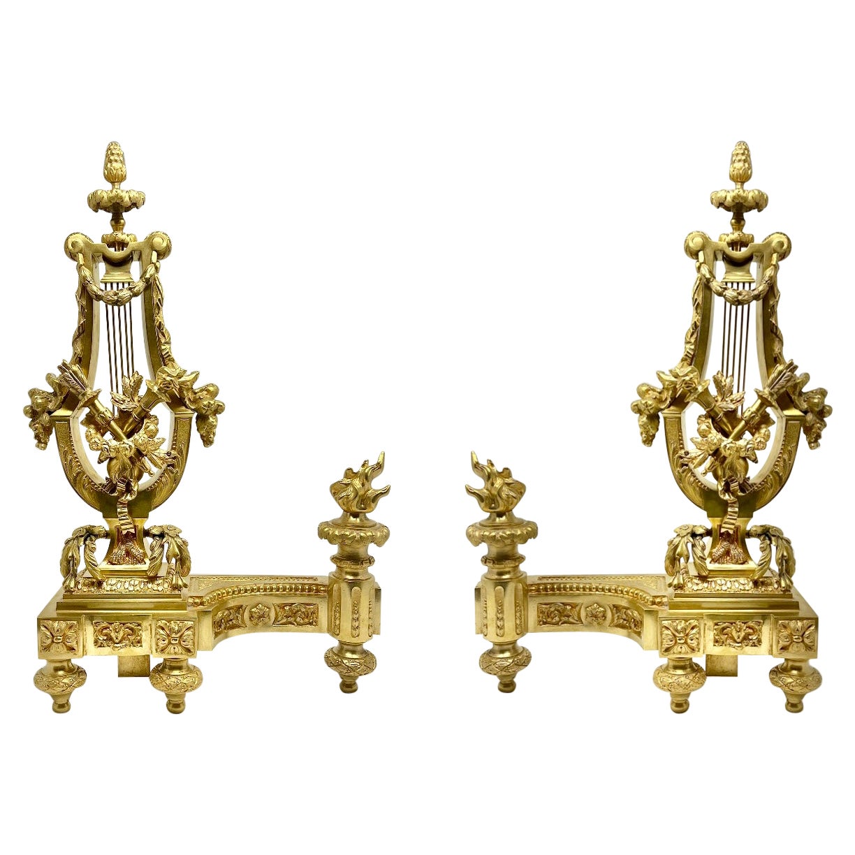 Par de Antiguos Andirones Franceses Luis XVI de Bronce Dorado, Circa 1890's.