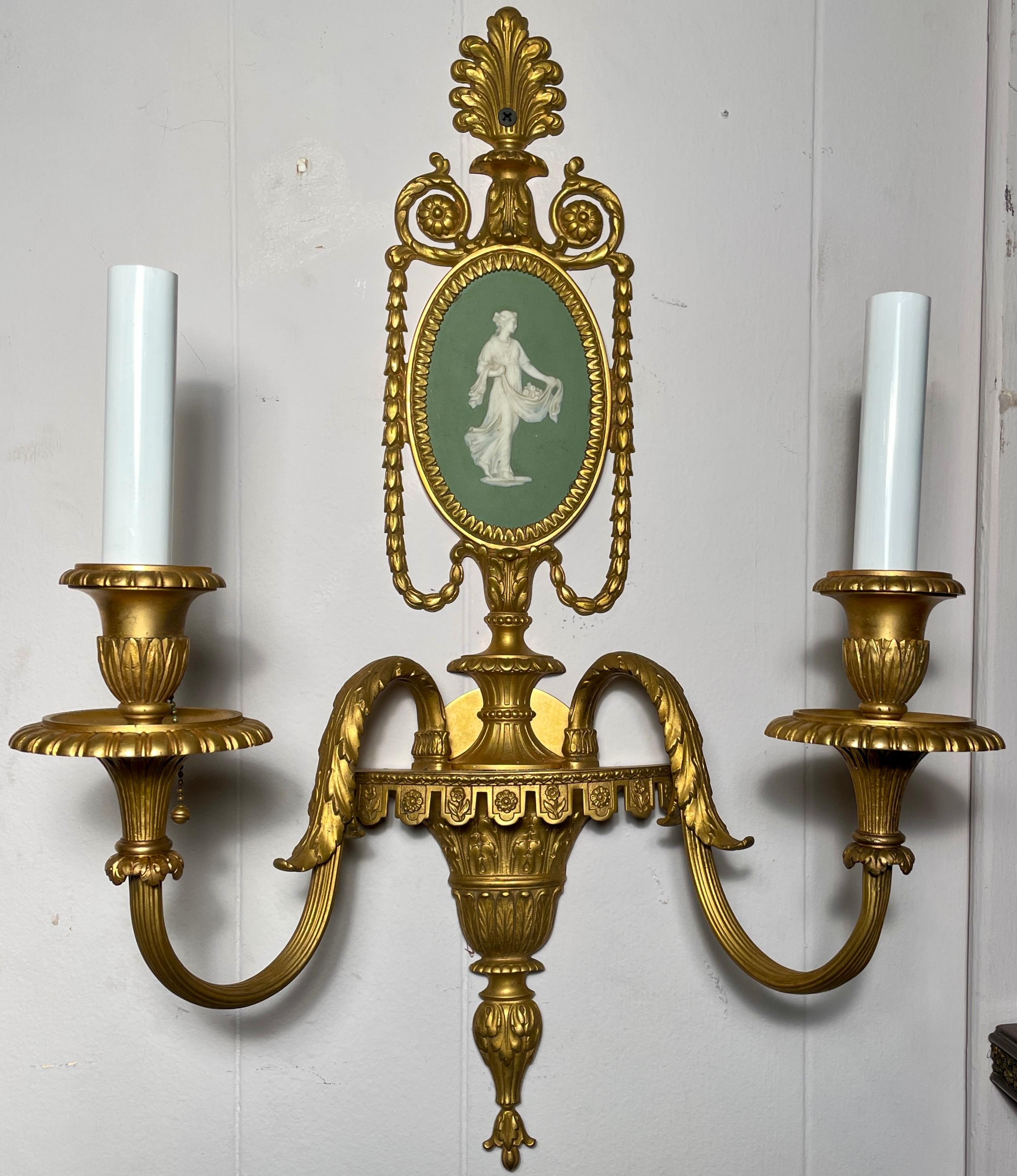 Pair antique French Louis XVI gold bronze sconces with wedgwood plaques, circa 1875-1885.