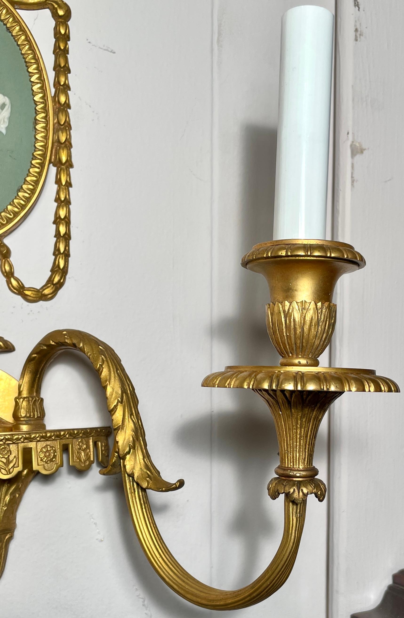 19th Century Pair Antique French Louis XVI Gold Bronze Sconces with Wedgwood Plaques, Ca 1880 For Sale