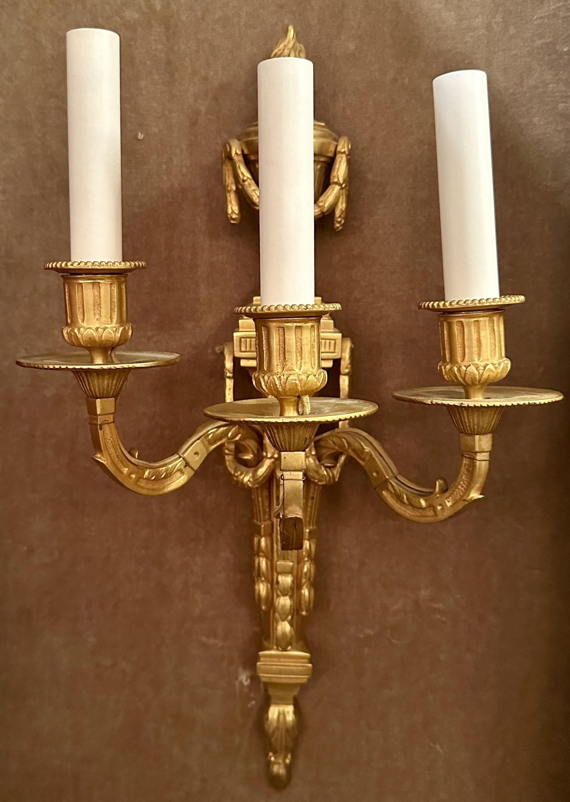 Pair Antique French Louis XVI Gold Bronze Three Light Wall Sconces, Circa 1900. For Sale 5