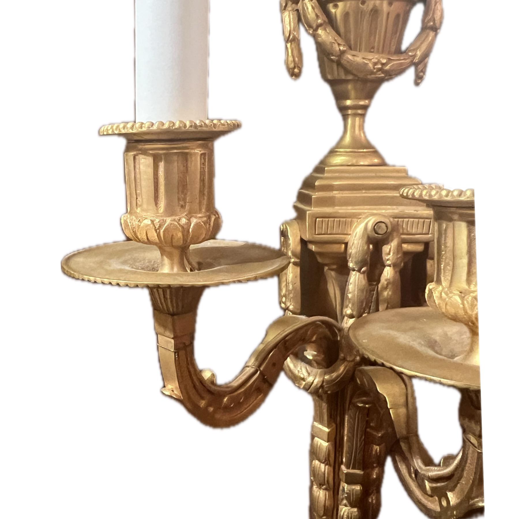 Pair Antique French Louis XVI Gold Bronze Three Light Wall Sconces, Circa 1900. For Sale 1