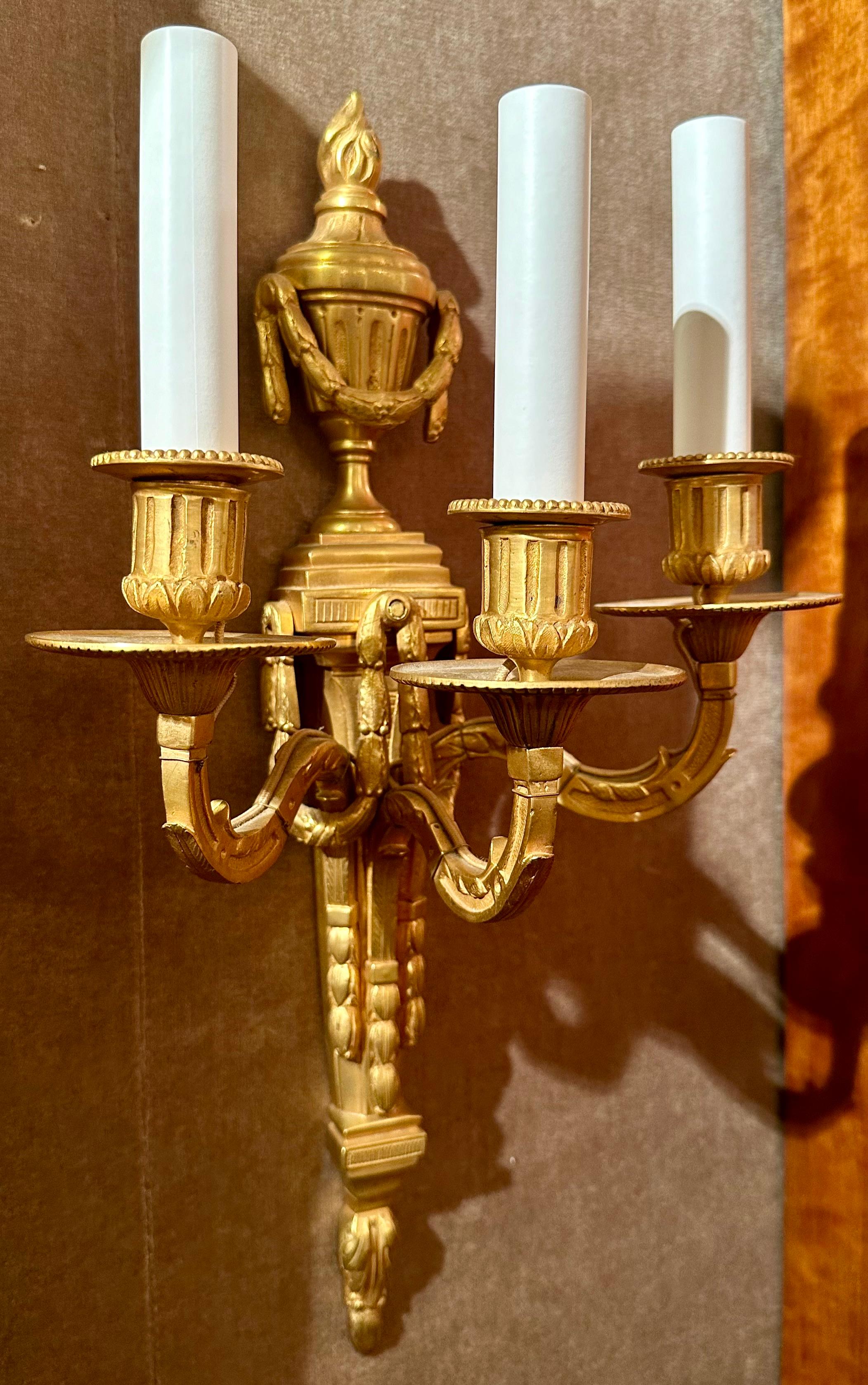 Pair Antique French Louis XVI Gold Bronze Three Light Wall Sconces, Circa 1900. For Sale 4