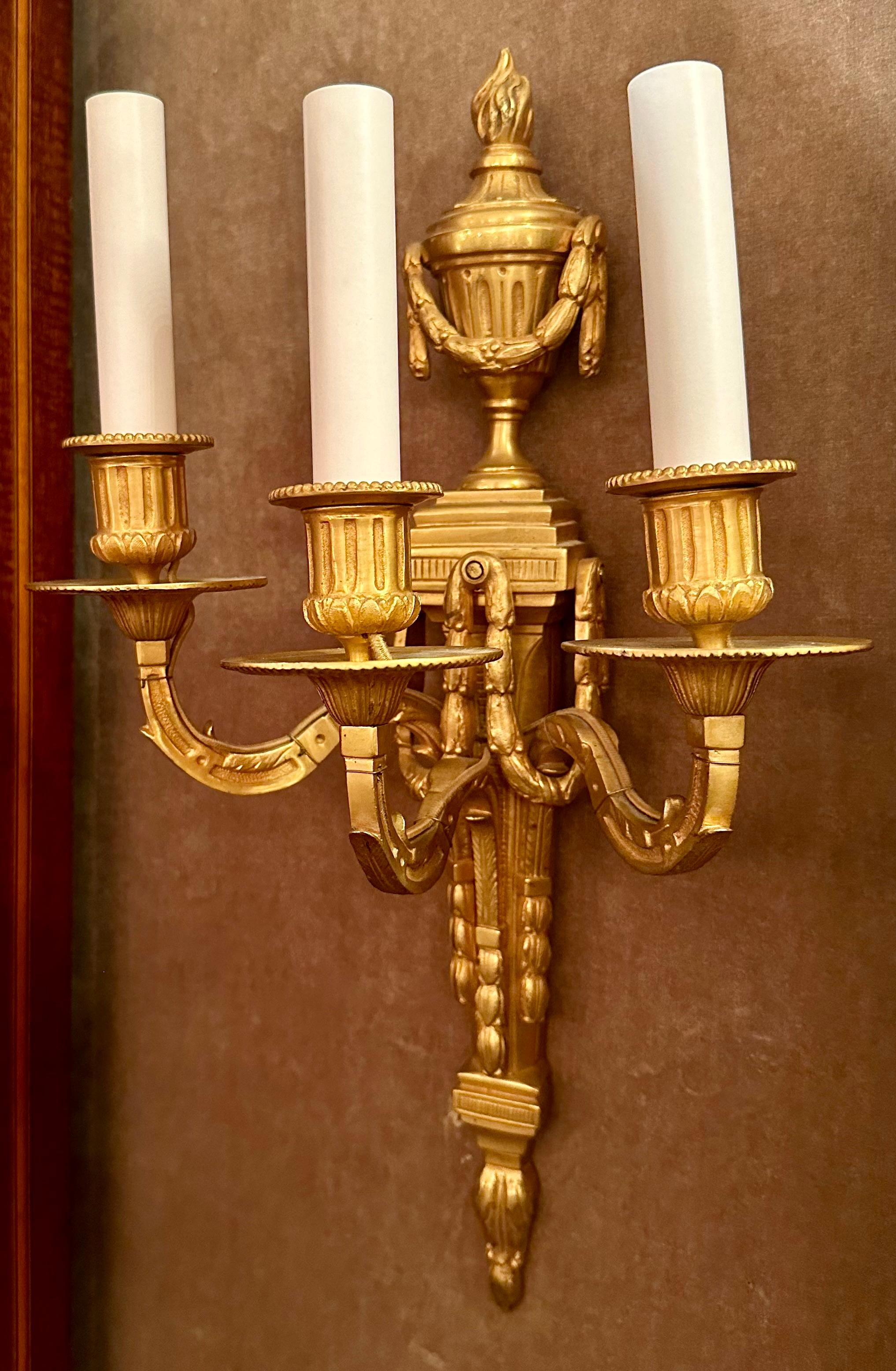 Pair Antique French Louis XVI Gold Bronze Three Light Wall Sconces, Circa 1900. For Sale 6