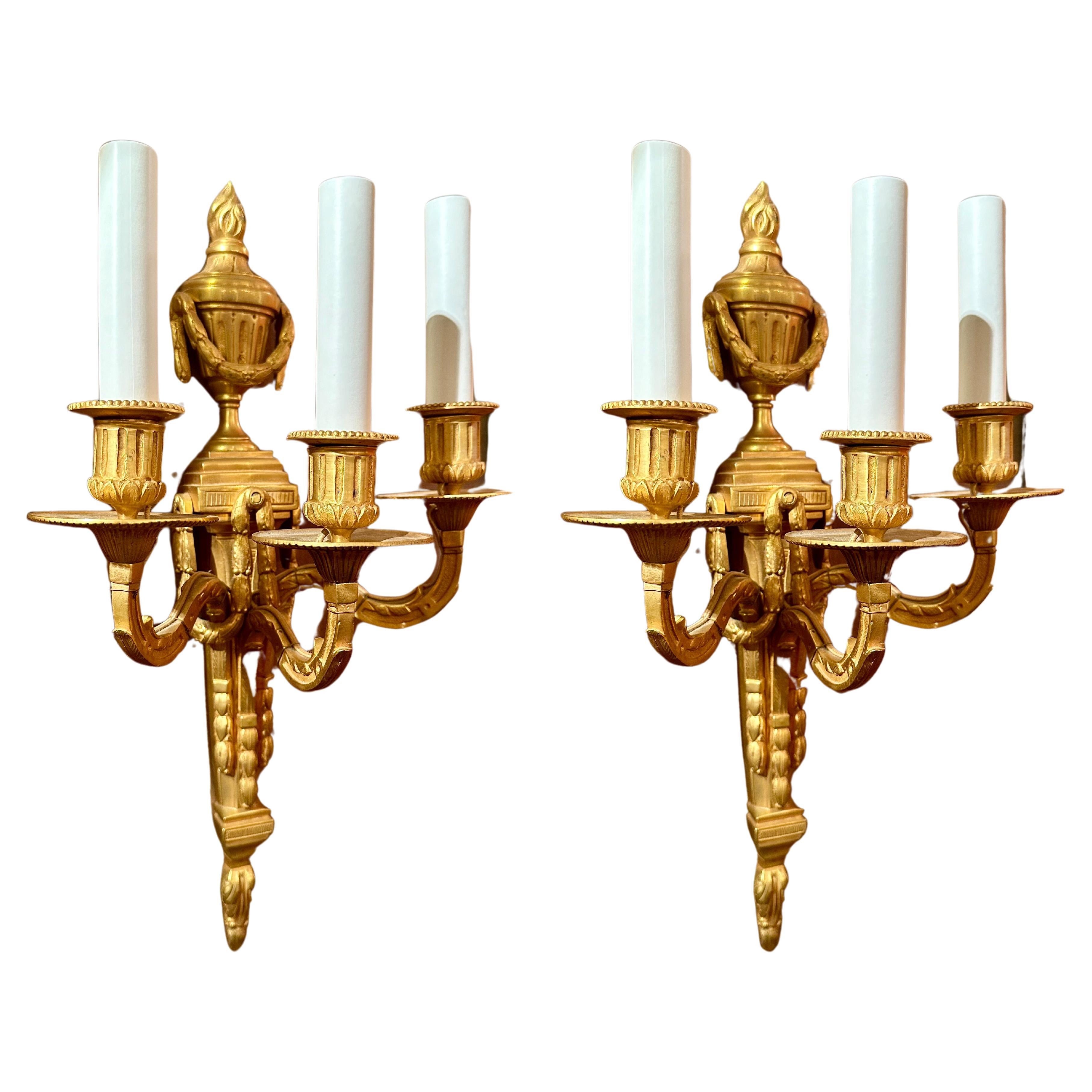 Pair Antique French Louis XVI Gold Bronze Three Light Wall Sconces, Circa 1900. For Sale