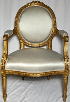 Pair Antique French Louis XVI Gold Leaf Armchairs, circa 1890